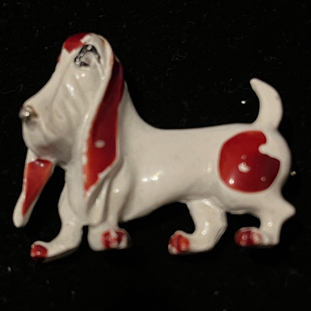 Ceramic Basset Hound Dog Figurine - Red and White